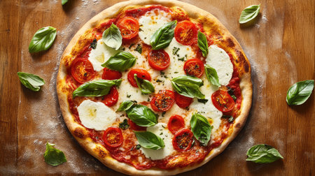 Top view of a classic Margherita pizza with fresh tomatoes, basil leaves, and mozzarella cheese, on a golden-brown crust.の素材