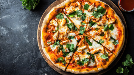 Top view of a buffalo chicken pizza with spicy buffalo sauce, grilled chicken, and mozzarella cheese, garnished with cilantro.の素材