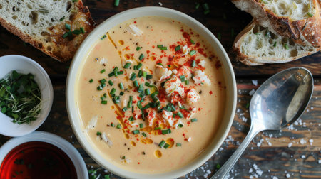 Top view of a bowl of creamy crab bisque, garnished with a sprinkle of paprika and served with a side of crusty bread.の素材