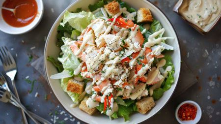 Top view of a crab Caesar salad with romaine lettuce, croutons, and Parmesan, drizzled with Caesar dressing.の素材