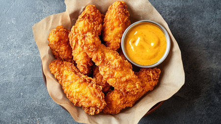 Top view of a basket of spicy fried chicken tenders served with a side of honey mustard dipping sauce.の素材