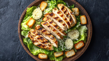 Top view of a grilled chicken Caesar salad with romaine lettuce, croutons, and Parmesan cheese, topped with grilled chicken slices.の素材