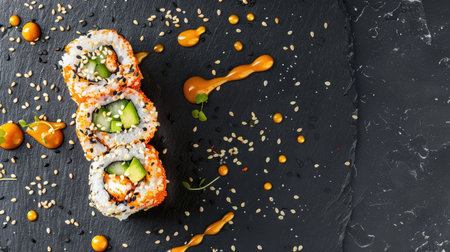 Top view of a crab sushi roll with cucumber and avocado, garnished with sesame seeds and drizzled with spicy mayo.の素材