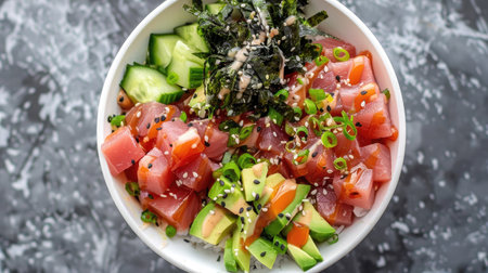 Top view of a bowl of poke featuring cubed tuna, avocado, cucumber, and seaweed salad, drizzled with a spicy mayo sauce.の素材