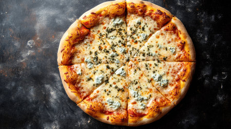 Top view of a four cheese pizza with a mix of mozzarella, cheddar, parmesan, and blue cheese, on a crispy crust.の素材