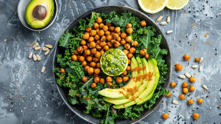 Top view of a kale salad with roasted chickpeas, avocado, and a lemon garlic dressing, garnished with sunflower seeds.の素材
