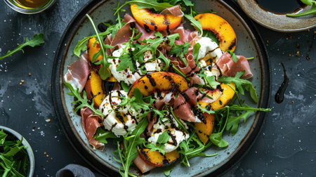Top view of a grilled peach and burrata salad with arugula, prosciutto, and a balsamic glaze.の素材