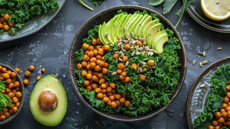 Top view of a kale salad with roasted chickpeas, avocado, and a lemon garlic dressing, garnished with sunflower seeds.の素材