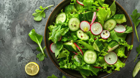 Top view of a fresh green salad with mixed lettuce, radishes, cucumbers, and a lemon vinaigrette.の素材