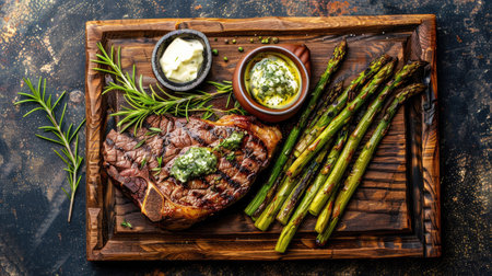Top view of a lamb steak served on a rustic wooden board with a side of grilled asparagus and a small pot of herbed butter.の素材
