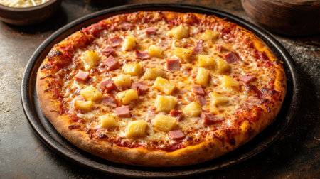 Top view of a Hawaiian pizza with juicy pineapple chunks and savory ham, topped with mozzarella cheese.の素材
