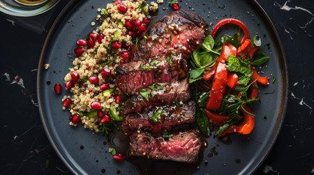 Top view of a lamb steak with a pomegranate glaze, plated with a side of roasted red peppers and quinoa salad.の素材