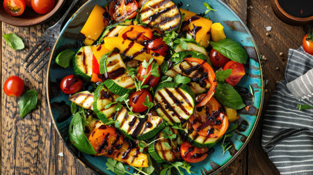 Top view of a grilled vegetable salad with zucchini, bell peppers, and cherry tomatoes, drizzled with a balsamic vinaigrette.の素材