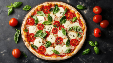 Top view of a margherita pizza with fresh tomatoes, basil, and mozzarella cheese, on a thin and crispy crust.の素材