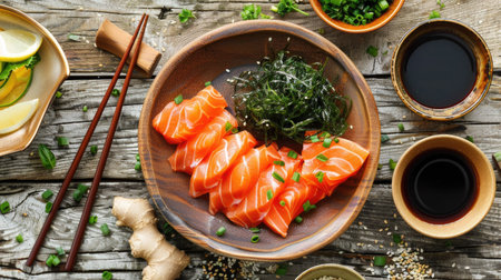 Top view of a rustic wooden table set with salmon sashimi, pickled ginger, and seaweed salad. Perfect for casual and inviting dining visuals.の素材