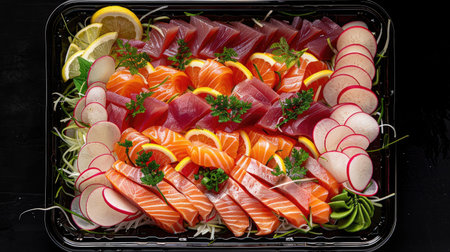Top view of a salmon sashimi platter with assorted sashimi, including tuna and yellowtail, served with radish curls and lemon wedges. Suitable for seafood and gourmet presentations.の素材