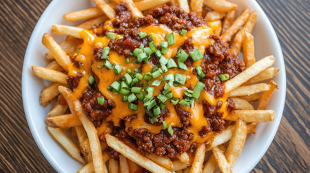 Top view of a plate of chili cheese fries topped with spicy chili, melted cheese, and chopped green onions.の素材
