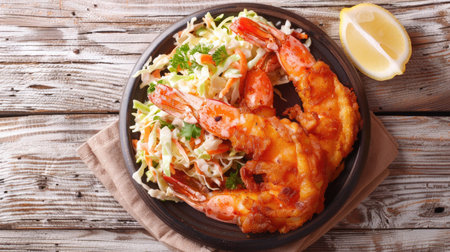 Top view of a shrimp steak with a crispy golden crust, served with a side of coleslaw and a lemon wedge on a wooden table.の素材