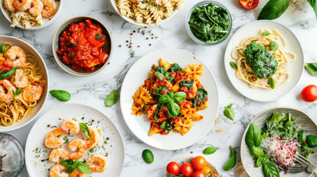 Top view of a stylish pasta menu on a marble table, featuring colorful dishes like spinach ravioli, shrimp linguine, and spicy penne, with fresh ingredients and garnishes displayed around.の素材