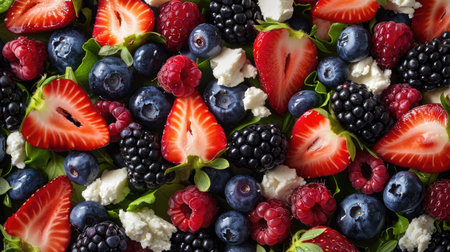 Top view of a mixed berry salad with strawberries, blueberries, blackberries, and goat cheese, drizzled with a raspberry vinaigrette.の素材