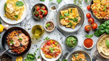 Top view of a stylish pasta menu on a marble table, featuring colorful dishes like spinach ravioli, shrimp linguine, and spicy penne, with fresh ingredients and garnishes displayed around.の素材