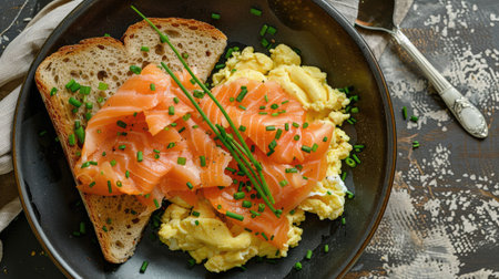 Top view of a smoked salmon and scrambled eggs breakfast plate, garnished with chives and served with toast. Perfect for brunch and morning meal concepts.の素材