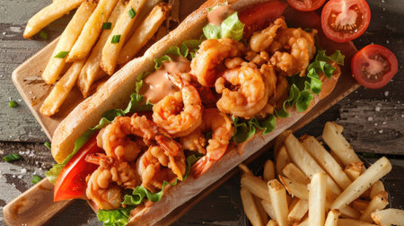 Top view of a shrimp po' boy sandwich with fried shrimp, remoulade sauce, lettuce, and tomato on a French baguette, accompanied by a side of Cajun fries.の素材
