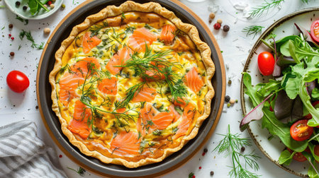 Top view of a smoked salmon and dill quiche, served with a side salad of mixed greens and cherry tomatoes. Great for brunch and light meal concepts.の素材