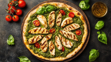 Top view of a pesto chicken pizza with grilled chicken, pesto sauce, cherry tomatoes, and mozzarella cheese.の素材
