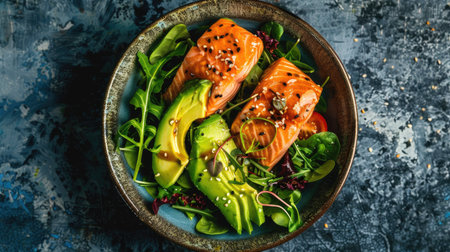 Top view of a salmon sashimi salad with mixed greens, avocado, and a sesame-soy dressing, served in a ceramic bowl. Ideal for healthy and vibrant meal ideas.の素材