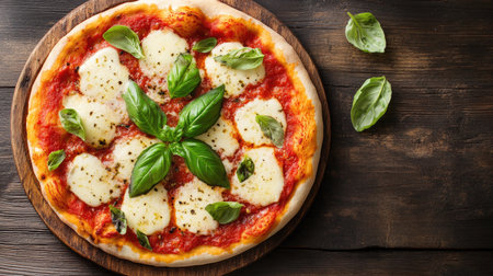Top view of a margarita pizza with a generous layer of fresh tomato sauce, mozzarella cheese, and fresh basil leaves.の素材
