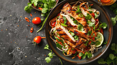 Top view of a papaya salad with fish sauce dressing, served with juicy grilled chicken breasts and fresh herbs.の素材