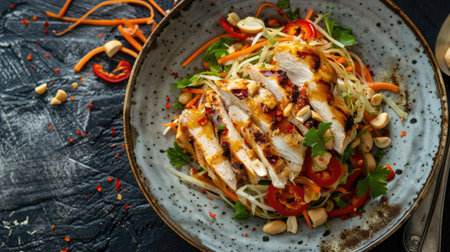Top view of a papaya salad with julienned vegetables and peanuts, paired with succulent grilled chicken breasts.の素材