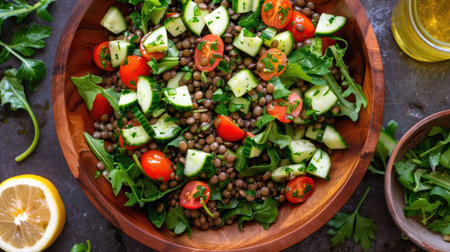Top view of a lentil salad with mixed greens, cherry tomatoes, cucumber, and a lemon herb dressing.の素材