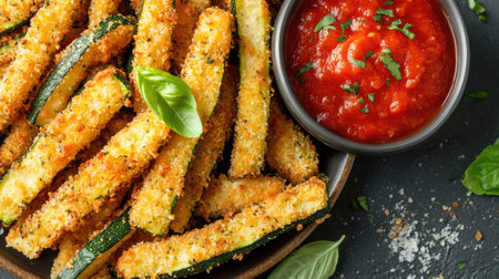 Top view of a plate of crispy zucchini fries served with a side of marinara sauce for dipping.の素材