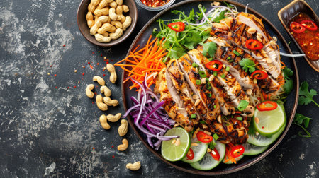 Top view of a papaya salad with julienned vegetables and peanuts, paired with perfectly grilled chicken breasts.の素材