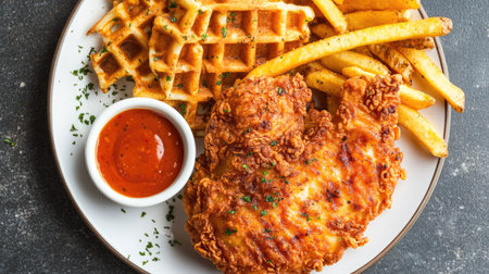 Top view of a plate of buttermilk fried chicken breast with a side of waffle fries and a dipping sauce.の素材