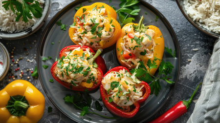 Top view of a plate of crab stuffed bell peppers, garnished with fresh herbs and served with a side of rice.の素材