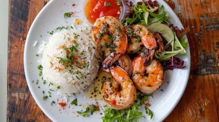 Top view of a plate of grilled shrimp with a honey sriracha glaze, served with a side of jasmine rice and a small salad.の素材