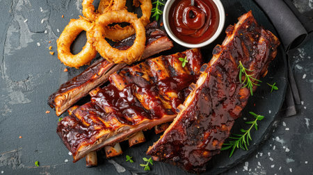 Top view of a plate of grilled ribs with a spicy rub, served with a side of crispy onion rings and a small pot of barbecue sauce.の素材