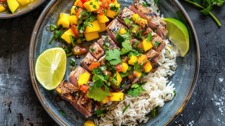 Top view of a plate of grilled tuna with a mango salsa, garnished with cilantro and served with a side of jasmine rice.の素材