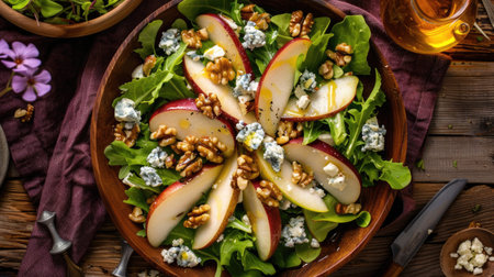 Top view of a mixed greens salad with pear slices, blue cheese, and candied walnuts, drizzled with a honey mustard dressing.の素材