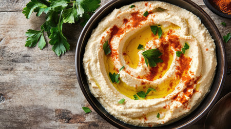A top view of a bowl of hummus with a drizzle of olive oil, sprinkled with paprika and garnished with parsleyの素材