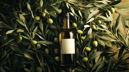 A top view of a bottle of olive oil with a label, nestled in a bed of olive branches and leavesの素材