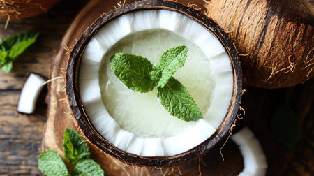 A top view of a coconut cut in half, filled with coconut water and garnished with mint leavesの素材