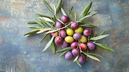 A top view of a cluster of olives still on the branch, showcasing their natural beauty and ripenessの素材