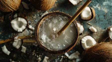 A top view of a coconut water drink with a bamboo straw, surrounded by fresh coconut piecesの素材