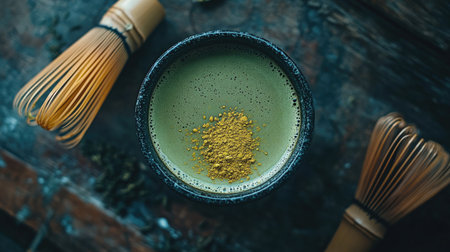 A top view of a cup of green tea with a sprinkle of matcha powder and a bamboo whiskの素材