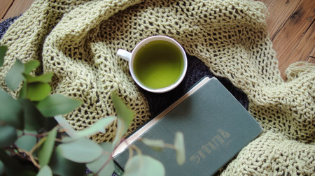 A top view of a cozy green tea setup with a book, a blanket, and a cup of steaming teaの素材