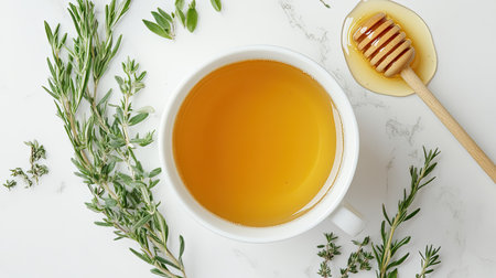 A top view of a cup of green tea on a white marble surface, with fresh herbs and a honey dipperの素材